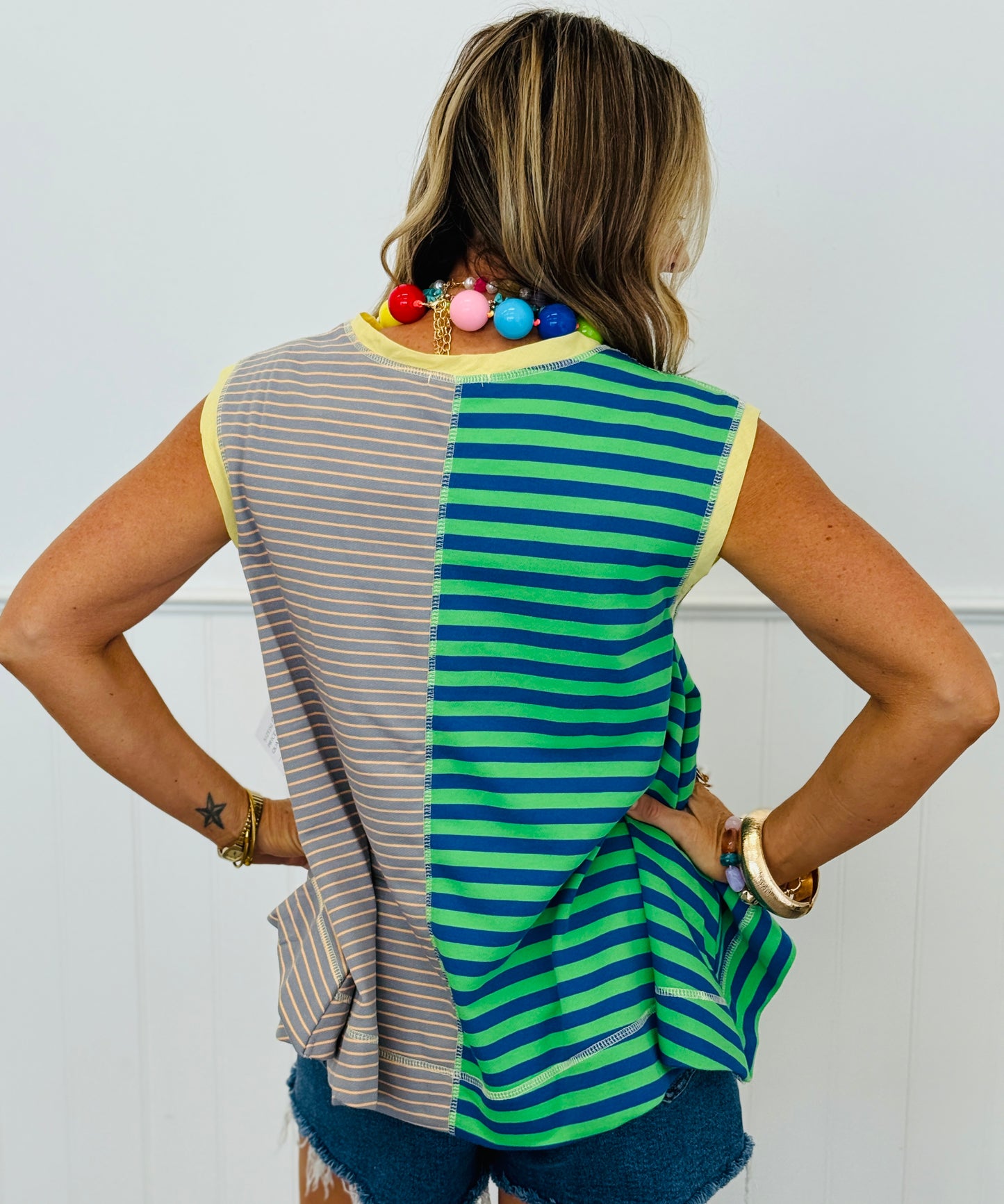 Green Blue Grey Striped Color Block Sleeveless Top (Reg & Plus)