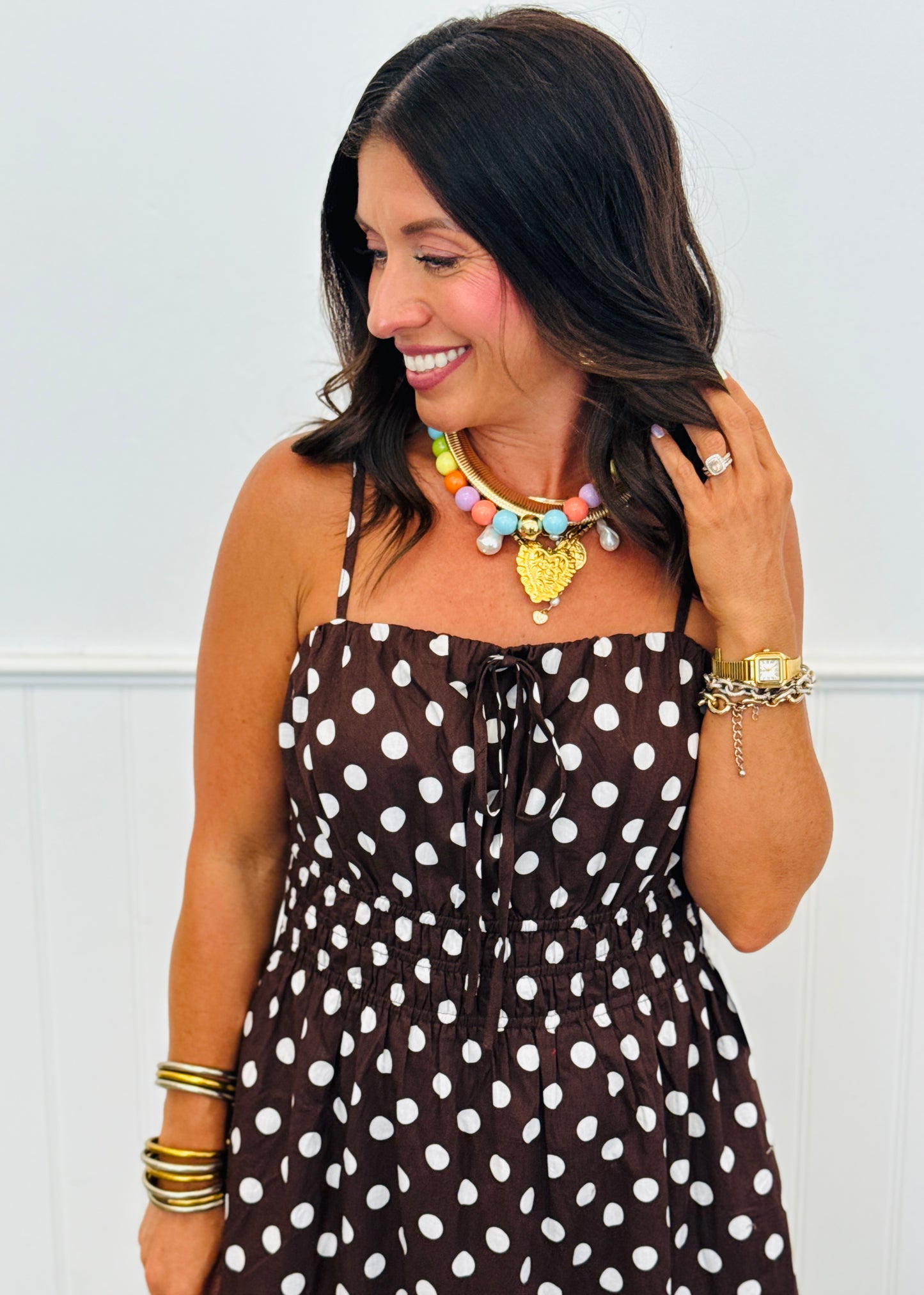 Brown/White Polka Dot Tiered Midi Dress (Reg.)
