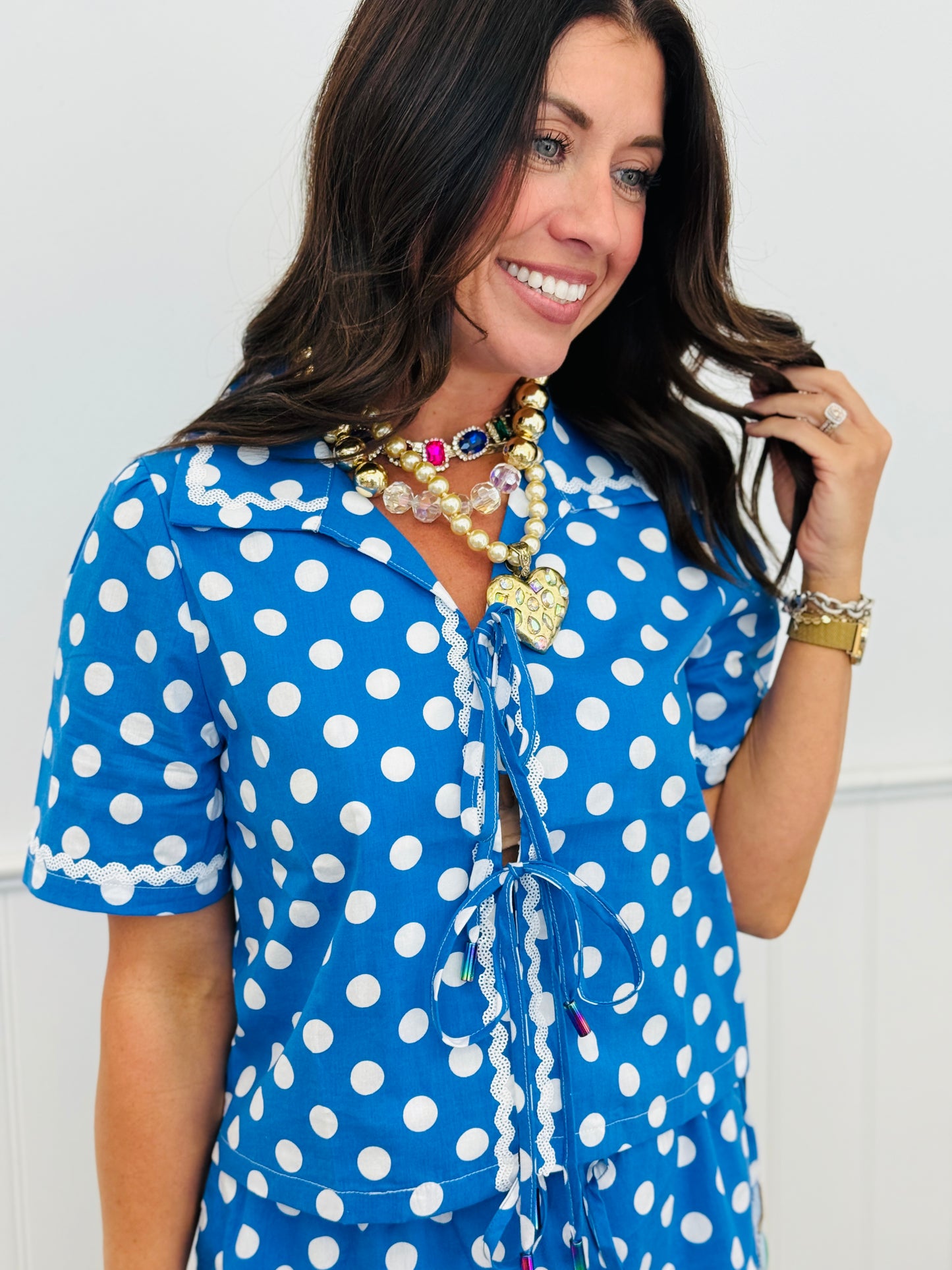 Queen Of Sparkles Blue & White Rickrack Polka Dot Tie Up Top (Reg. & Plus)
