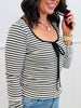 Black/White Striped Front Tie Long Sleeve Top (Reg.)