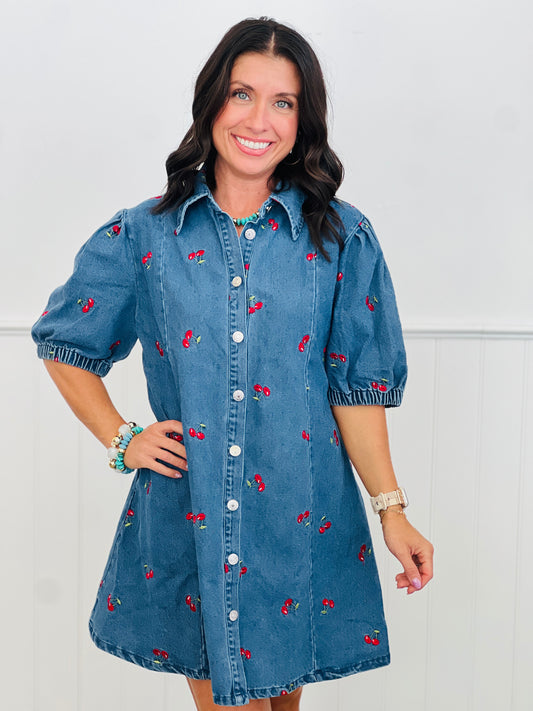 Cherry Denim Mini Shirt Dress (Reg. and Plus)