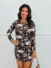 White/Brown Print Boat Neck Mini Dress (Reg.)