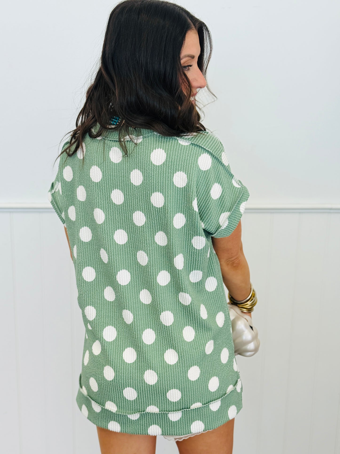 Sage Polka Dot Outseam Blouse (Reg. and Plus)