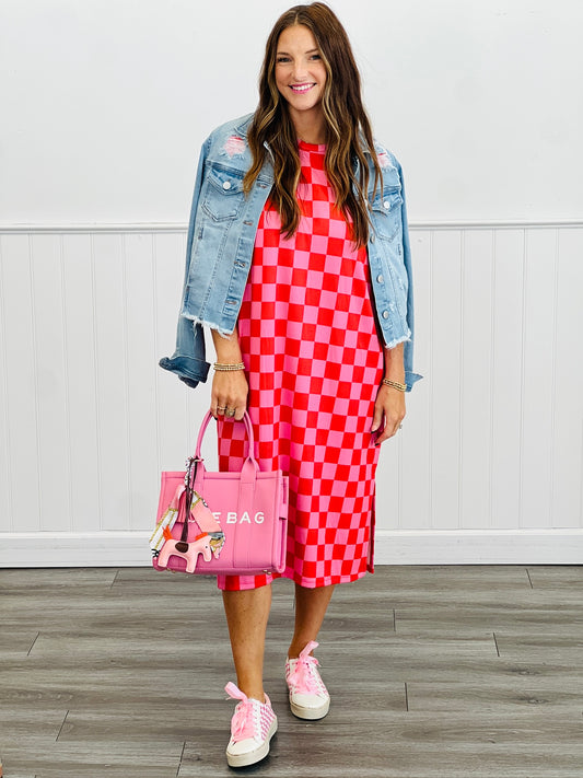 Red/Pink Checkered Midi Dress (Reg & Plus)
