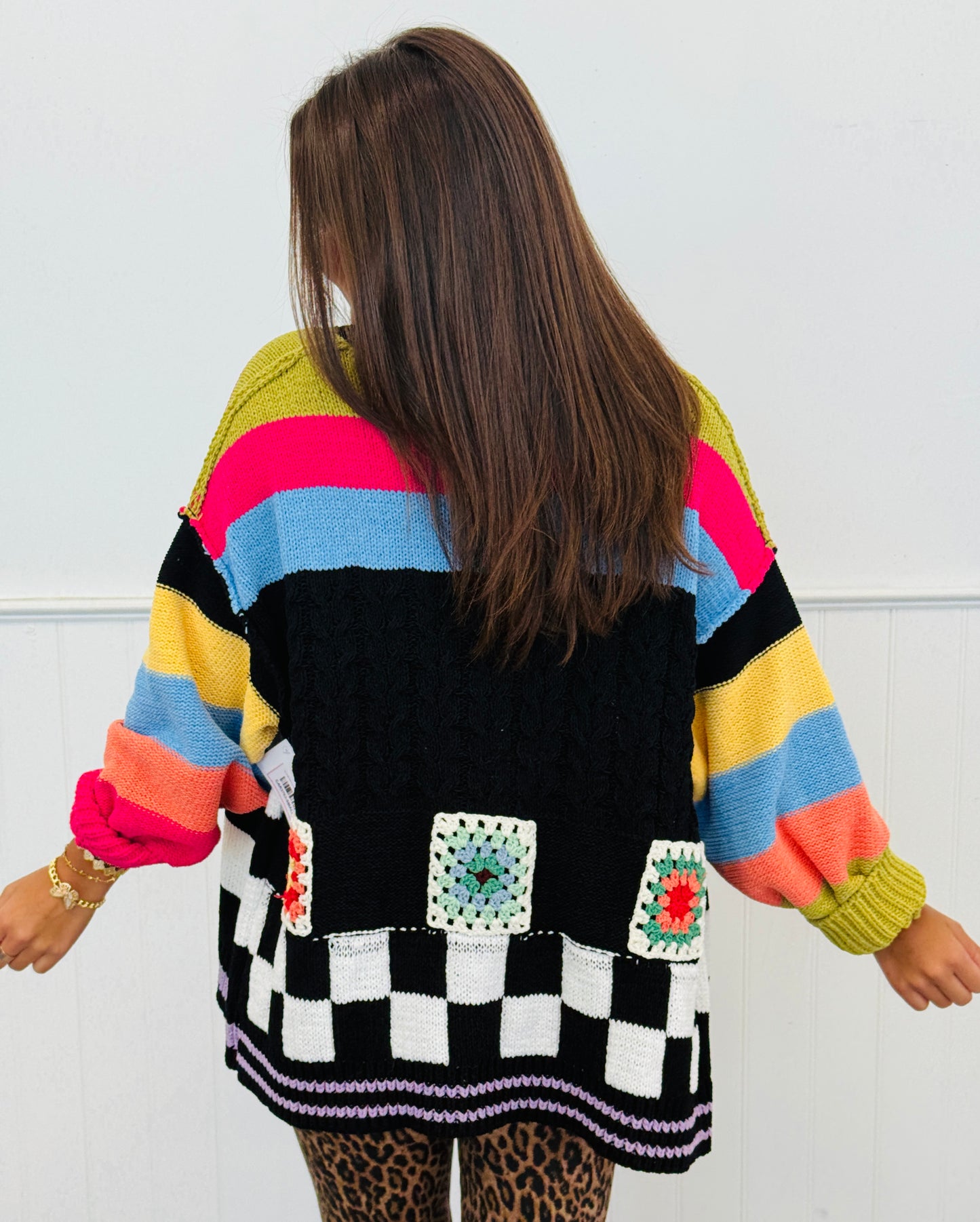 POL Jet Black Multi Stripe Granny Squares Sweater Cardigan (Reg.)