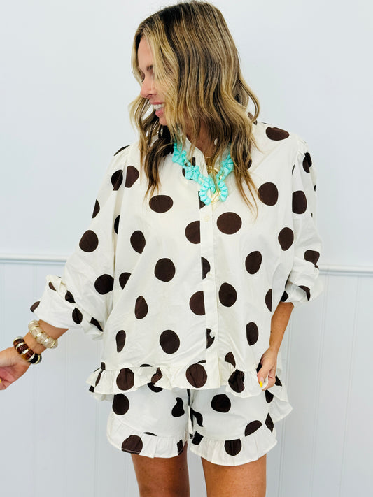 Cream/Brown Polka Dot Ruffle Hem Top (Reg.)