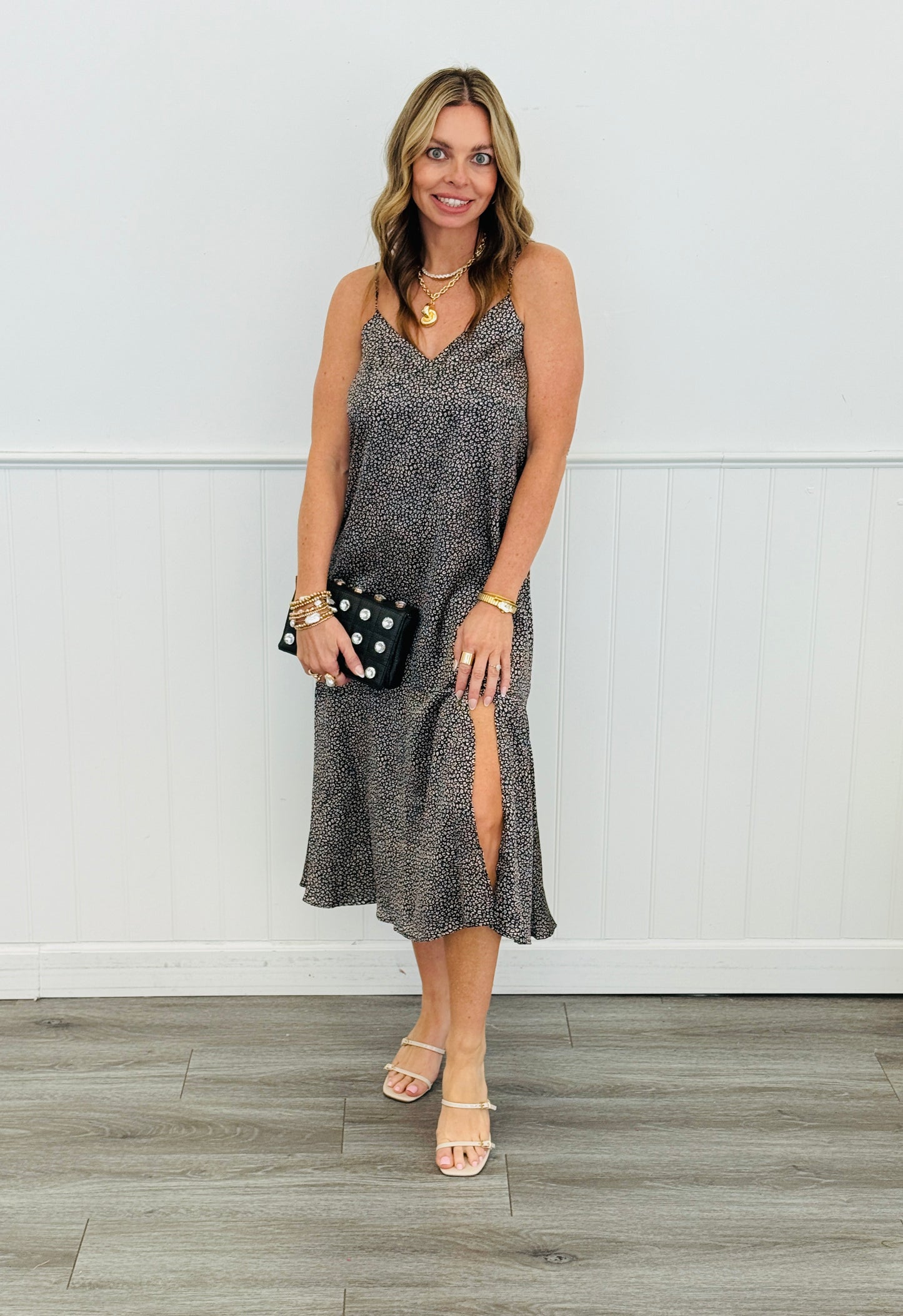 Black Leopard Midi Slip Dress (Reg & Plus)