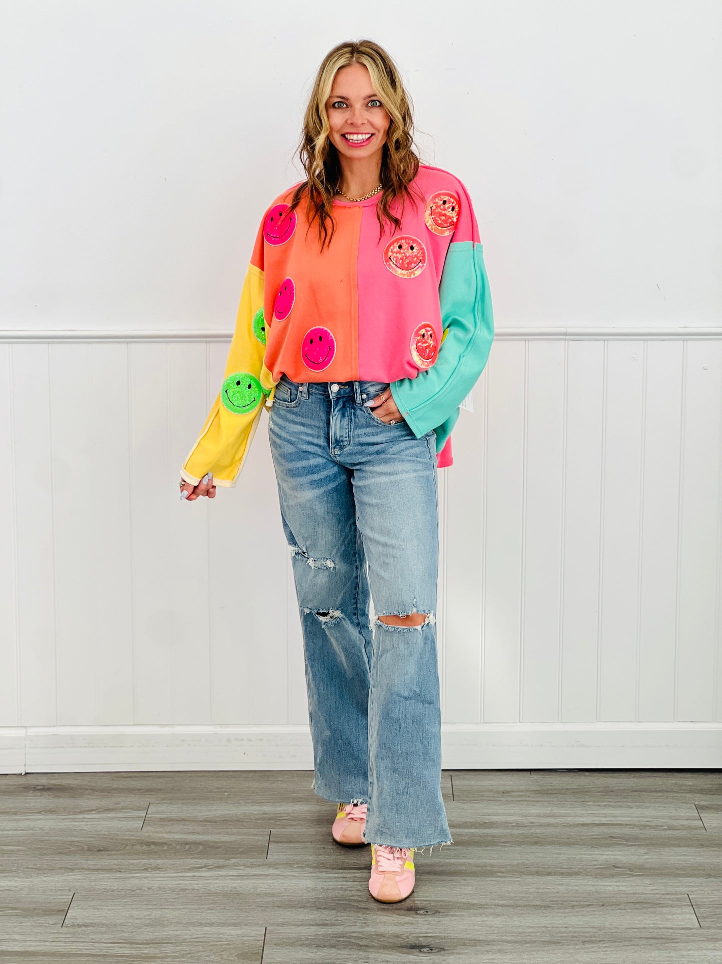 Sequins Happy Face Patched LS Top (Reg. and Plus)