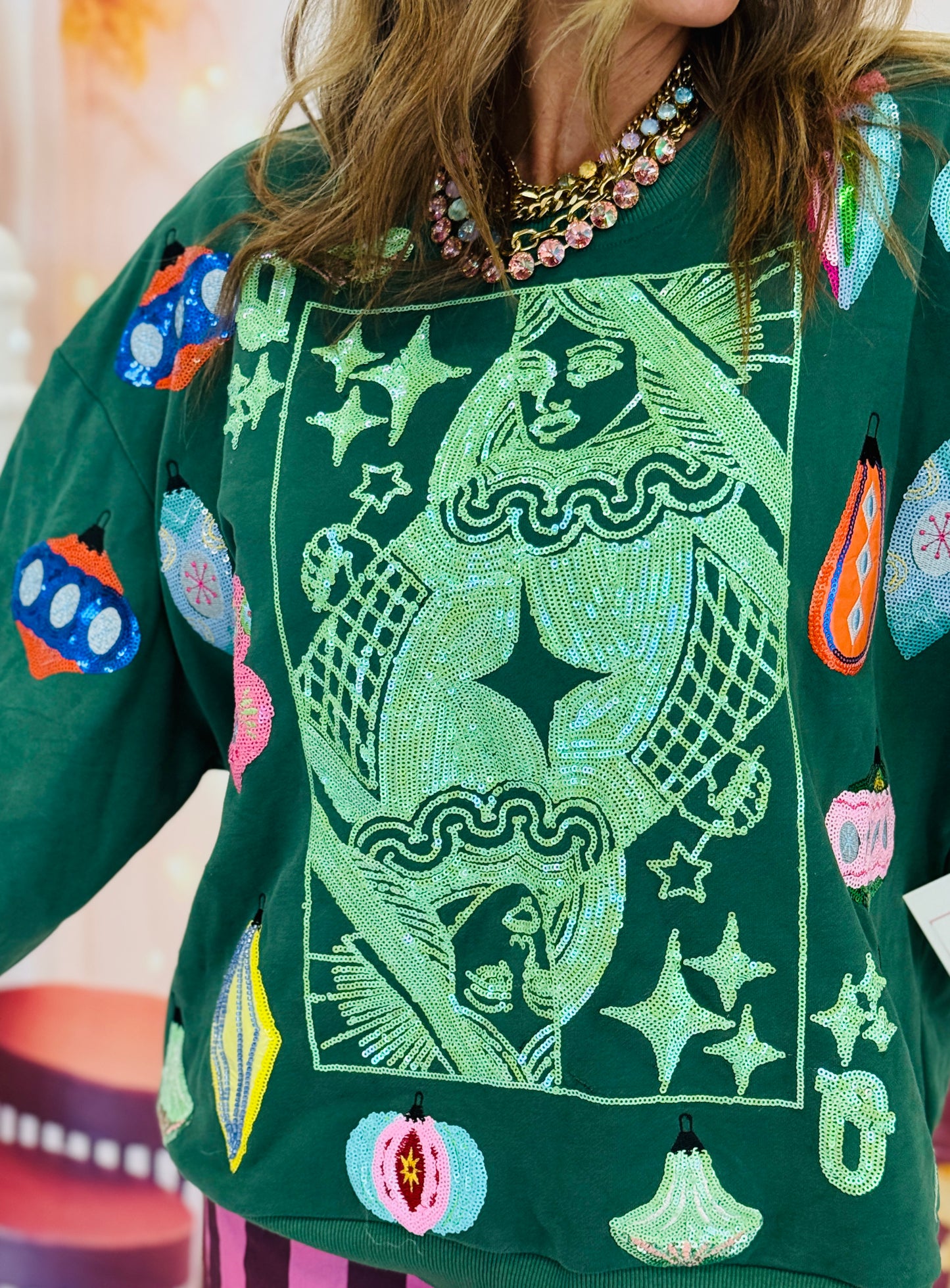 Queen Of Sparkles Dk Green Multi Ornament Card Logo Sweatshirt (Reg. & Plus)