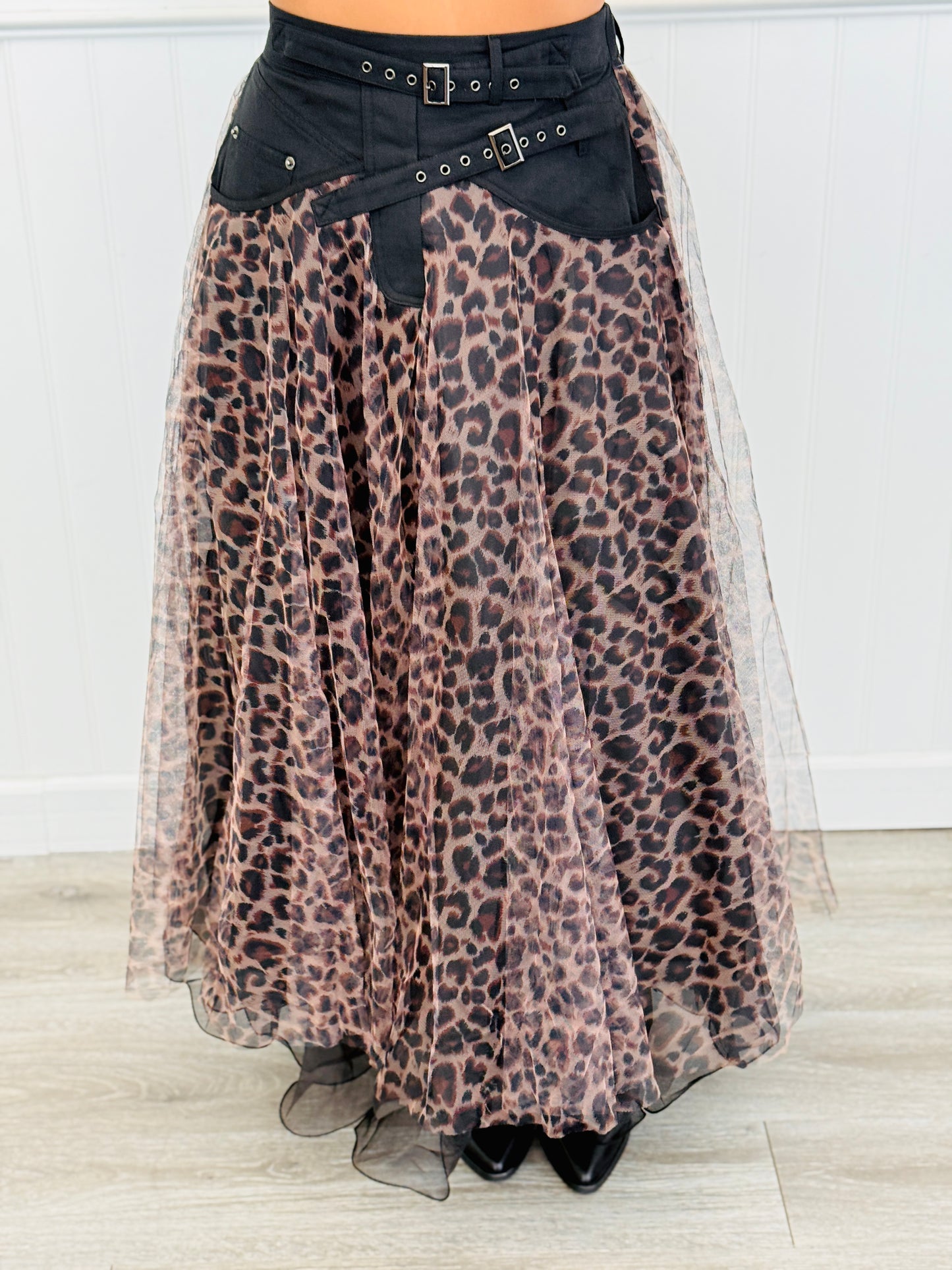 Leopard Sheer Layered Belted Maxi Skirt (Reg & Plus)