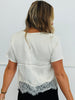 Cream Lace Trim Satin Short Sleeve Blouse (Reg. and Plus)