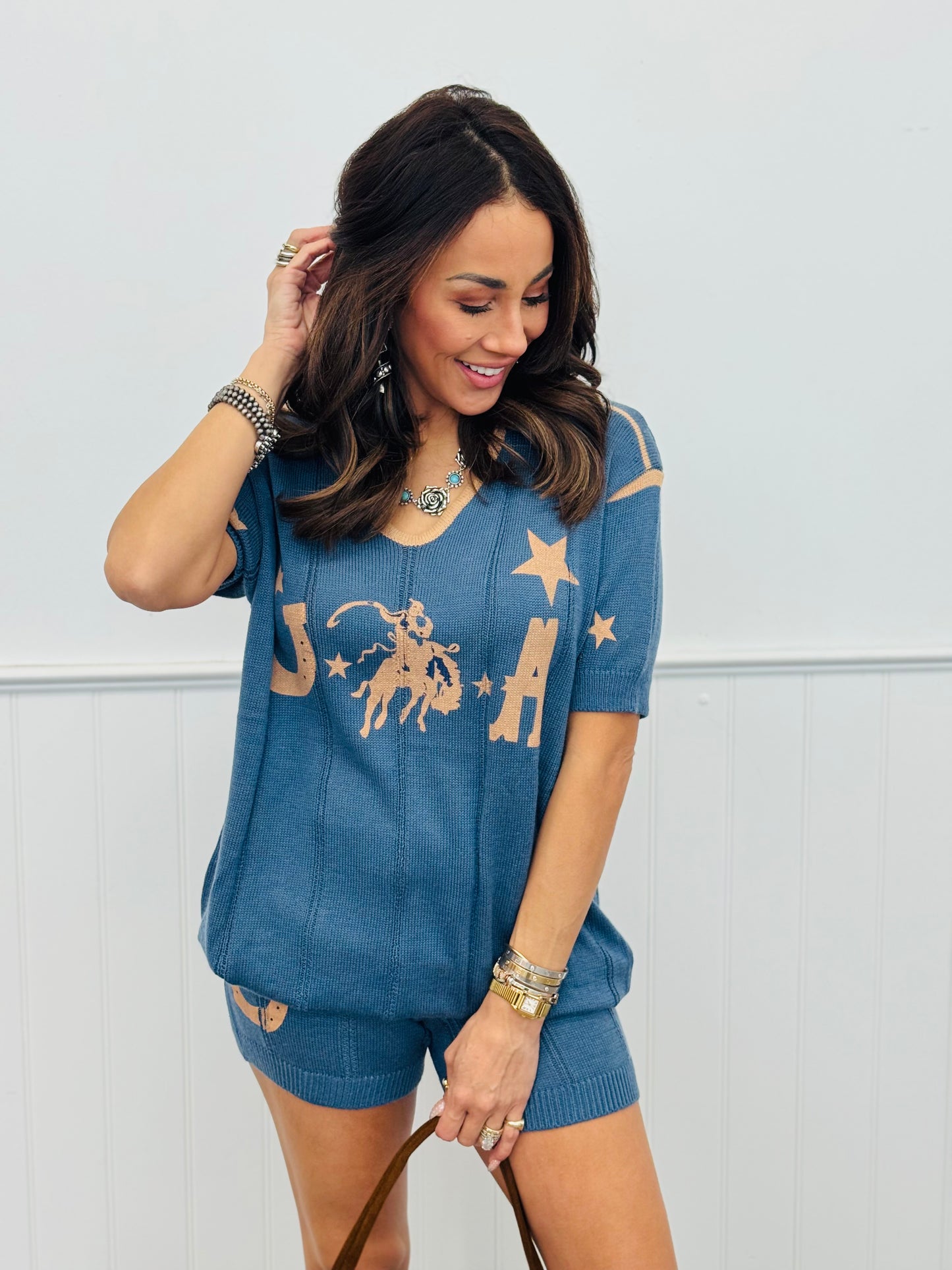 Blue/Taupe Western Knit Short Set (Reg.)