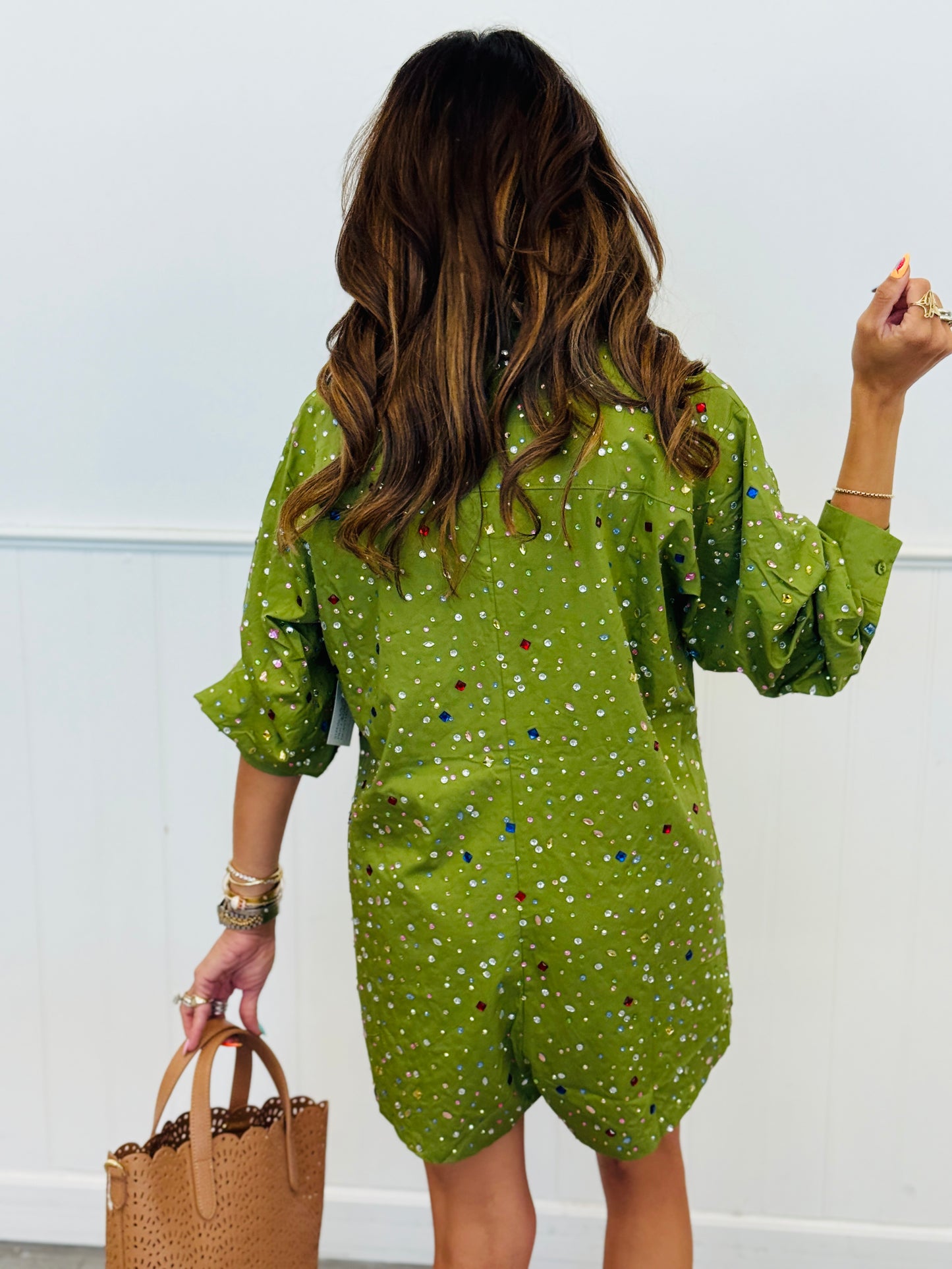 Queen Of Sparkles Olive Multi Rhinestone Button Up Romper (Reg. and Plus)