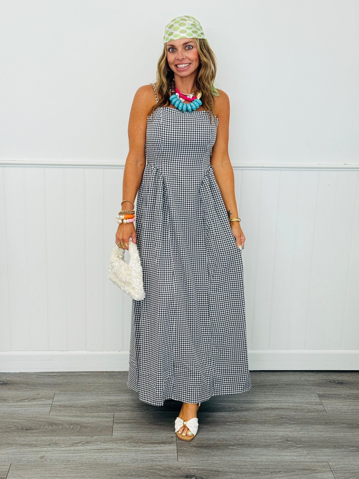 Black/White Gingham Sleeveless Maxi Dress (Reg.)