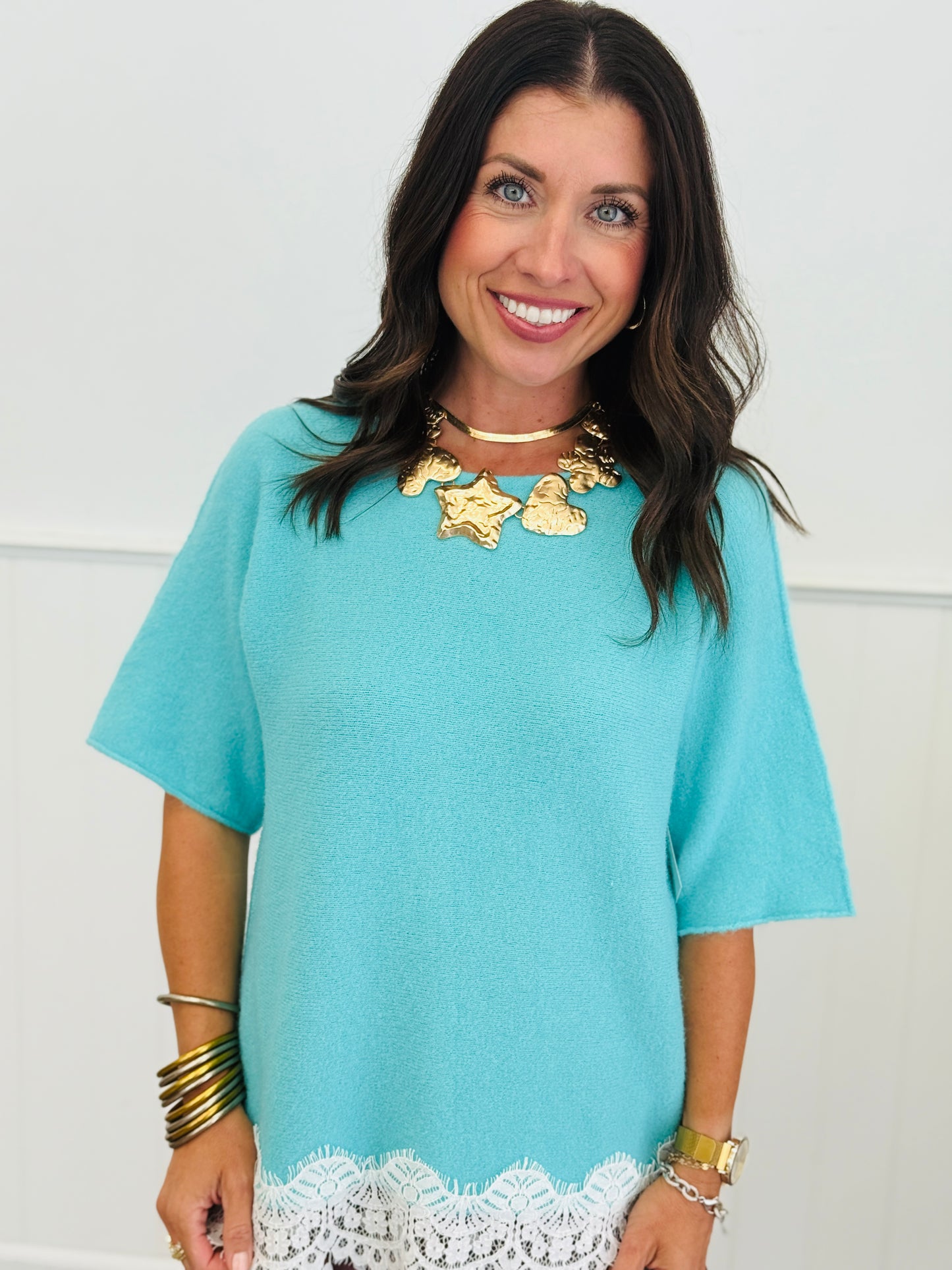 Turquoise Lace Hem Fuzzy Sweater Top (One Size)