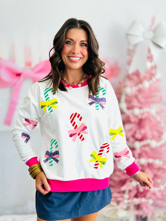 White Multi Candy Cane Sequin Bow LS Top (Reg. & Plus)