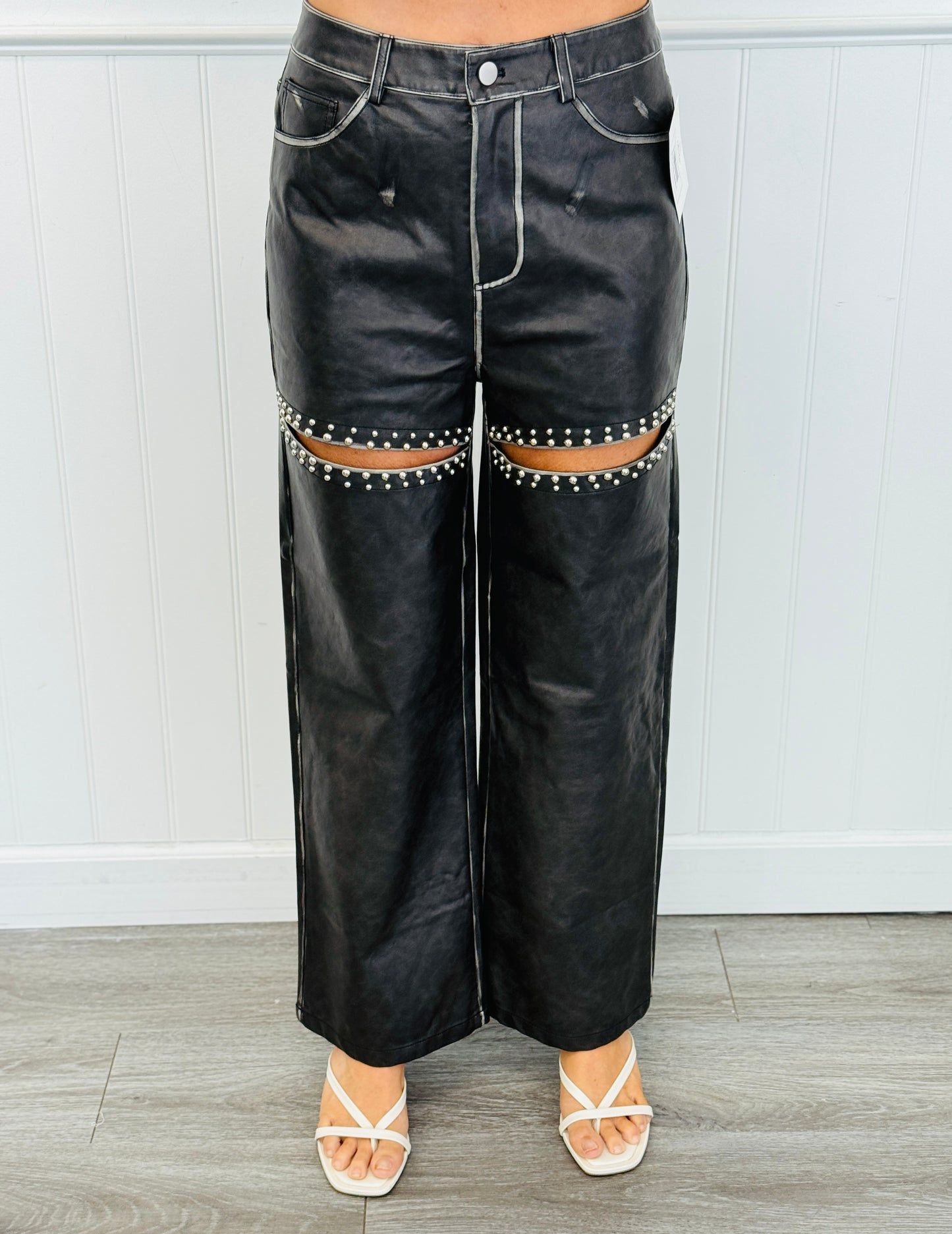 Washed Black Cut Out Studded Pants (Reg.)
