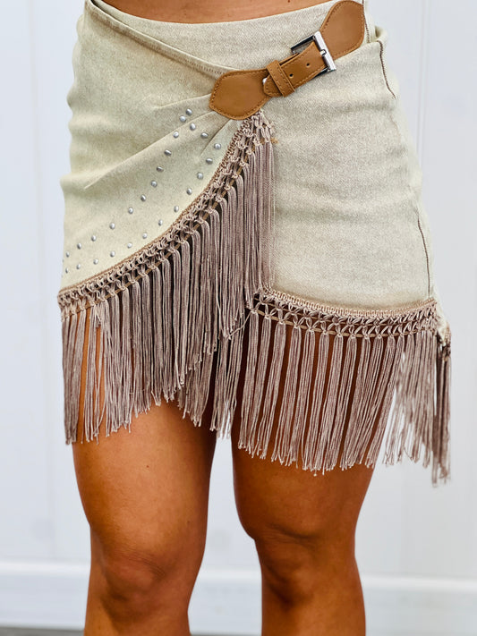 Washed Camel Denim Fringe Wrap Mini Skirt (Reg.)