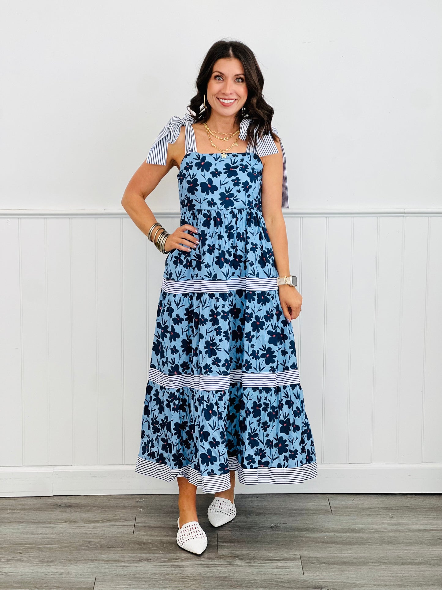 Blue Floral Tiered Midi Dress (Reg. & Plus)