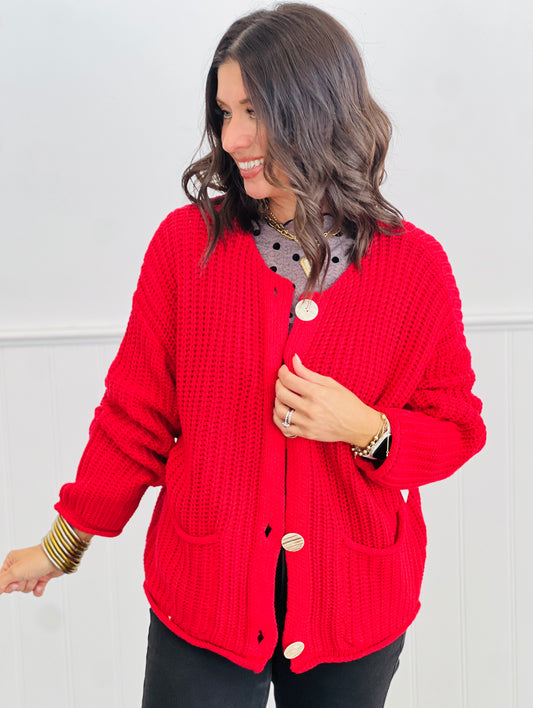 Red Shell Buttons Sweater Cardigan (Reg & Plus)