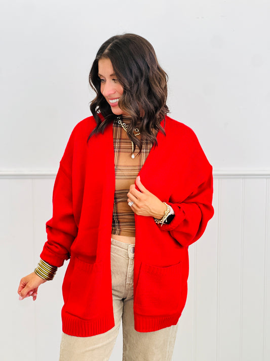 Red Open Front Sweater Cardigan (Reg.)