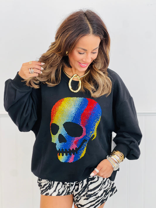 Queen Of Sparkles Rainbow Rhinestone Skull Sweatshirt (Reg. and Plus)