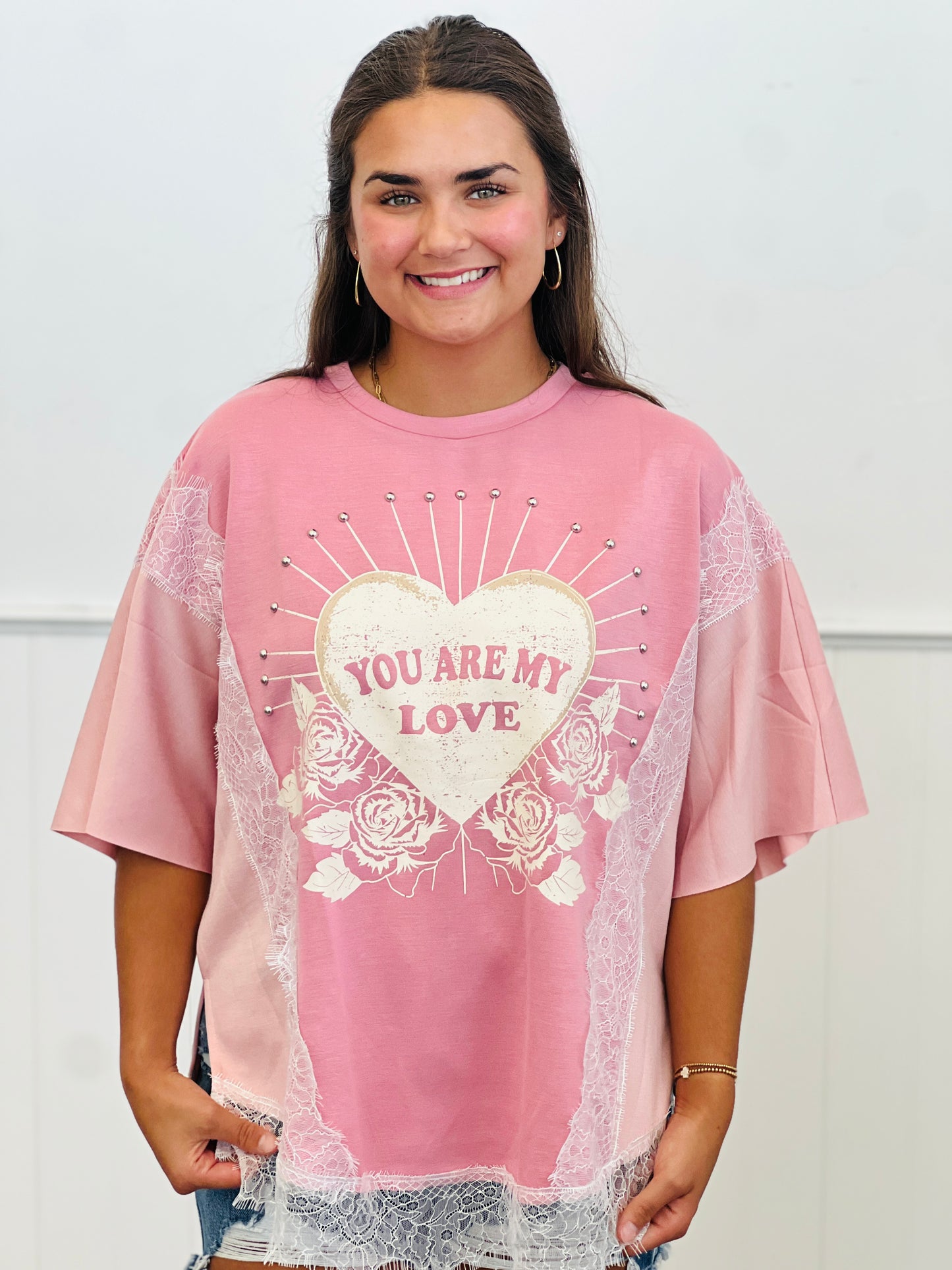 Pink You Are My Love Lace Detailed Top (Reg. and Plus)