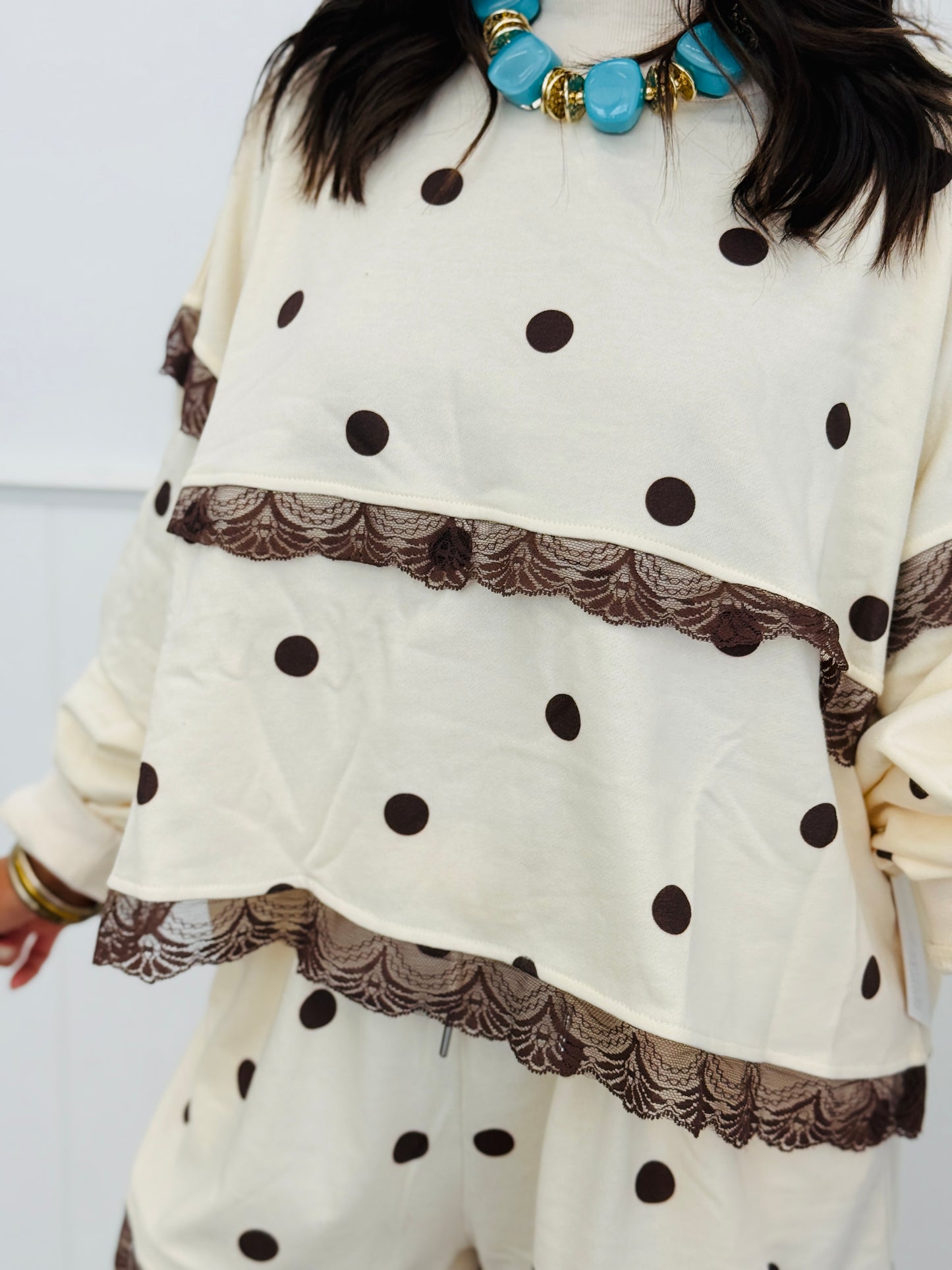 Ivory/Brown Polka Dot Seam Lace Sweatshirt (Reg.)