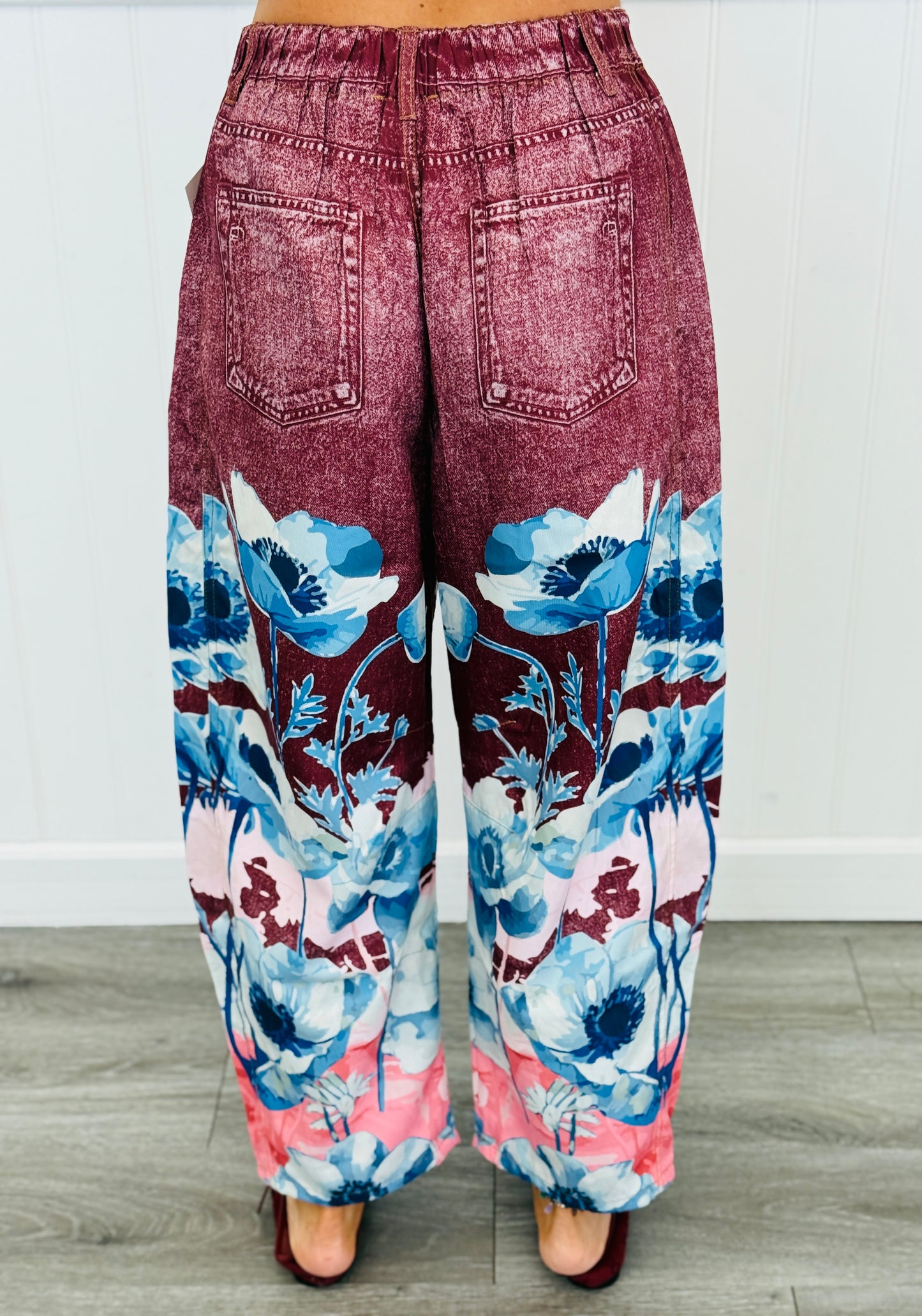 Brown/Burgundy Sublimation Print Denim Look Pants (Reg & Plus)