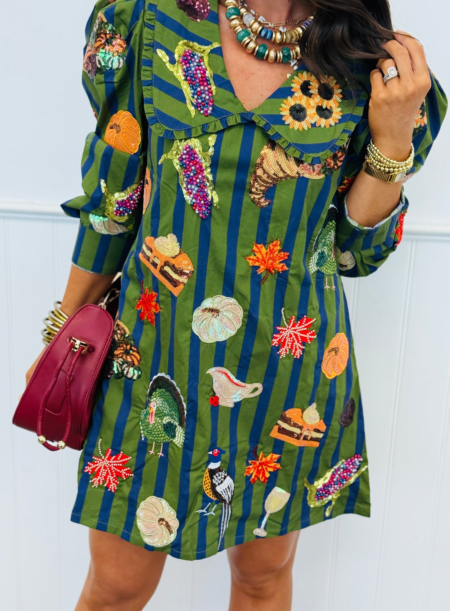 Queen Of Sparkles Dk Green/Blue Striped Thanksgiving Icon Dress (Reg. and Plus)