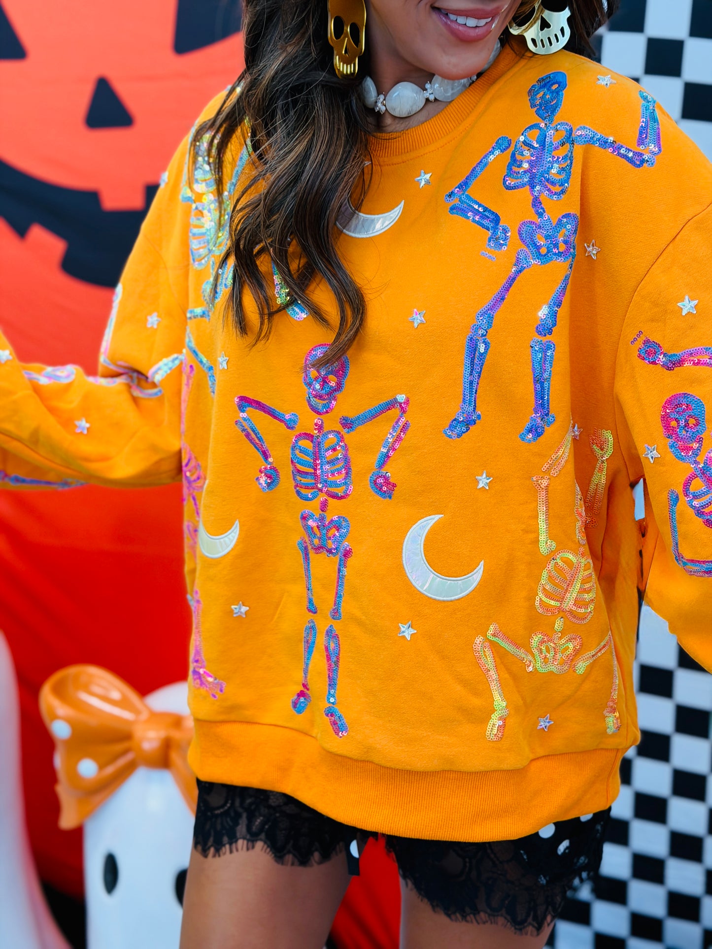 Queen Of Sparkles Orange Dancing Skeleton Sweatshirt (Reg. and Plus)