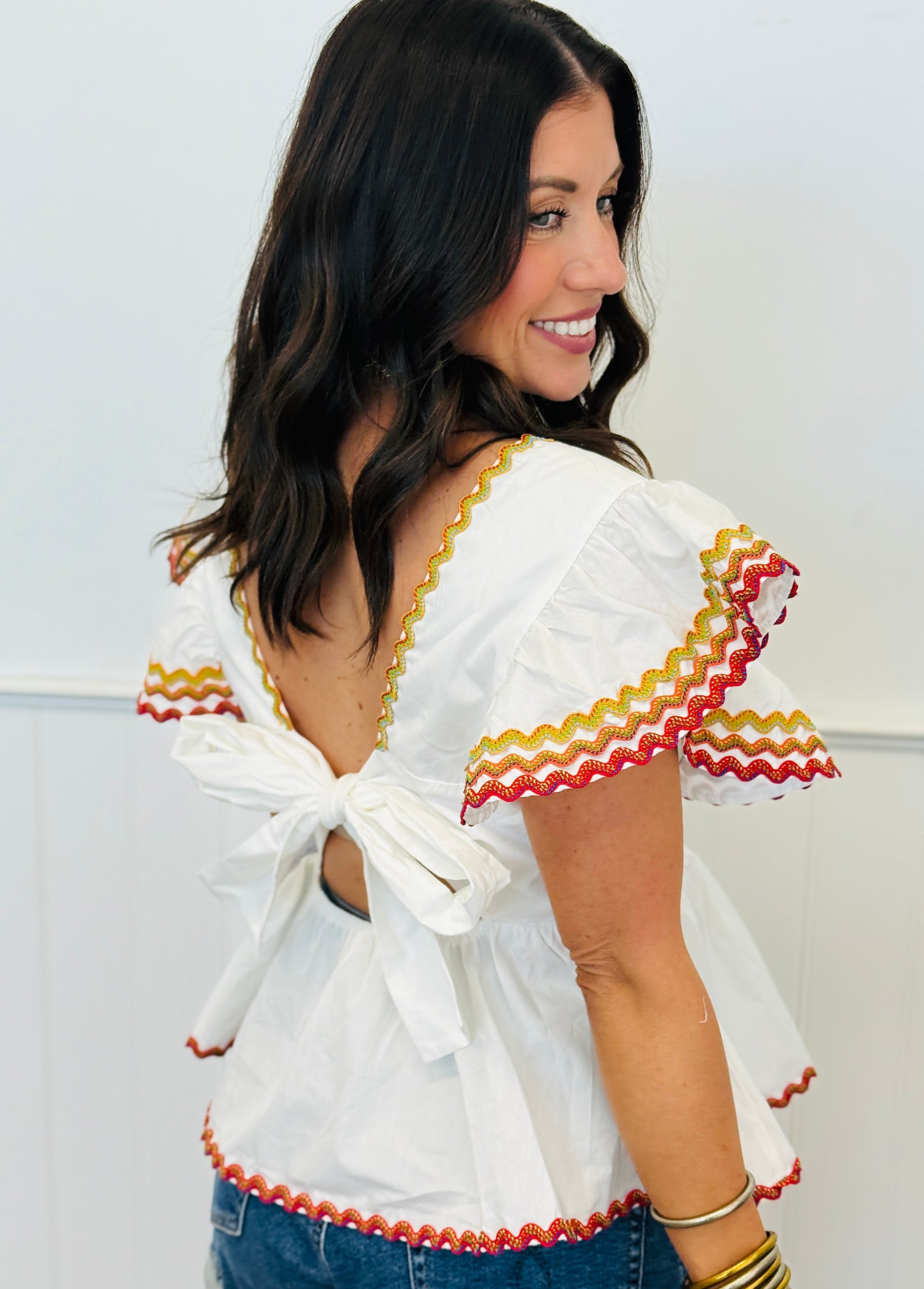 White Open Tie Back Embroidered Trim Blouse (Reg & Plus)