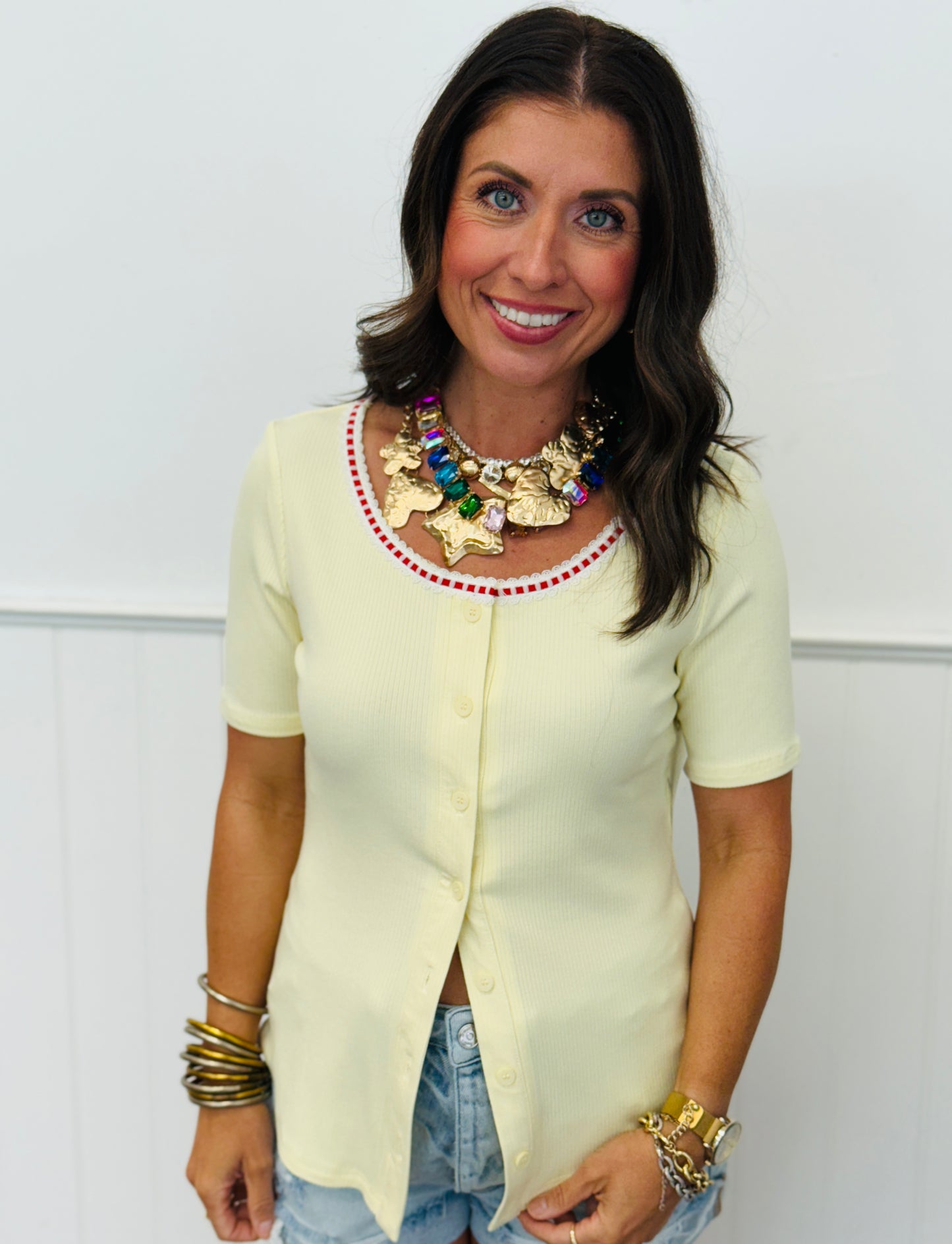 Crochet Lace Trim Button Up Knit Top (Reg & Plus) - 2 Colors