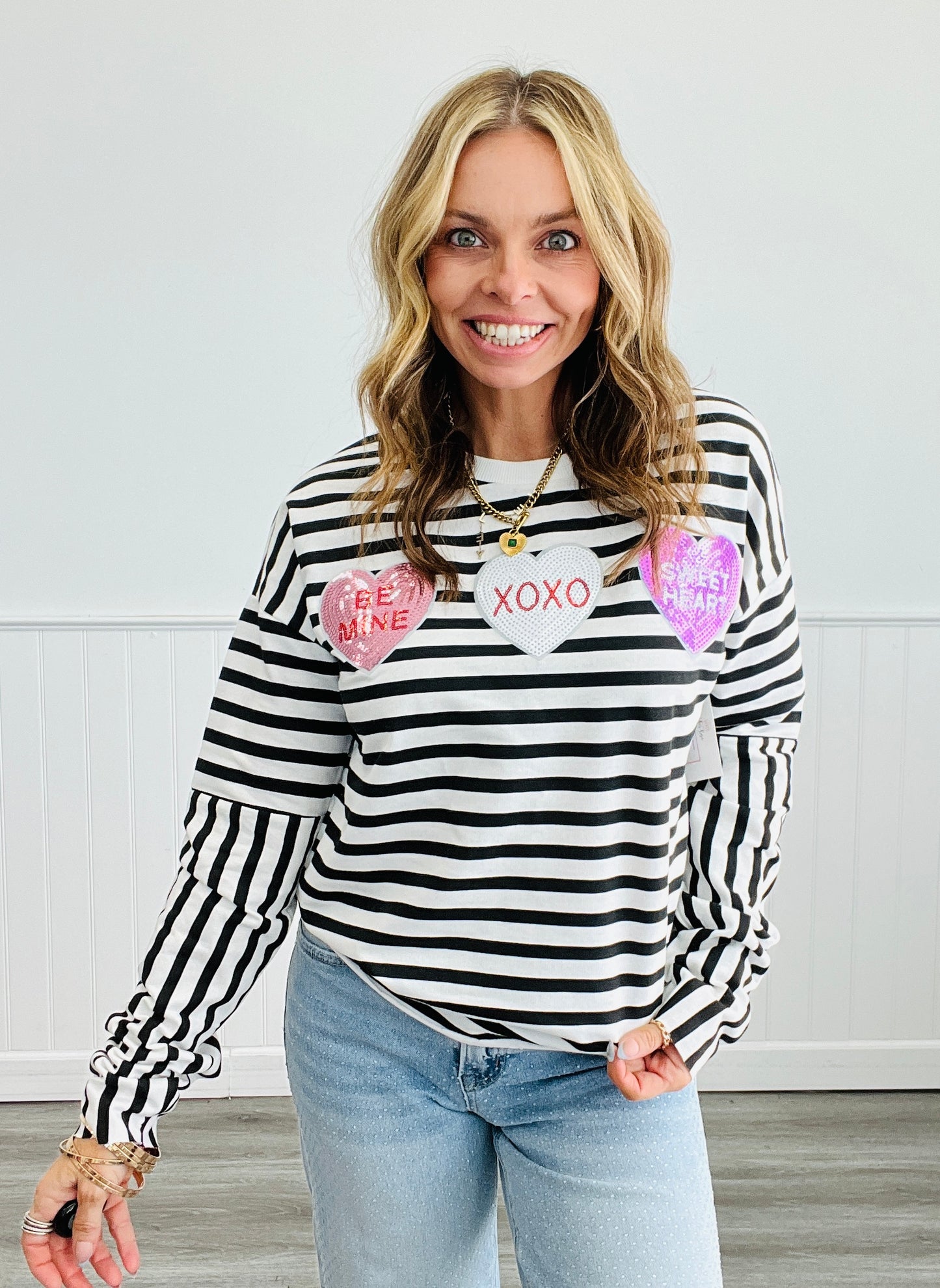 Black Stripe Multi Sequin Heart Long Sleeve Top (Reg. and Plus)