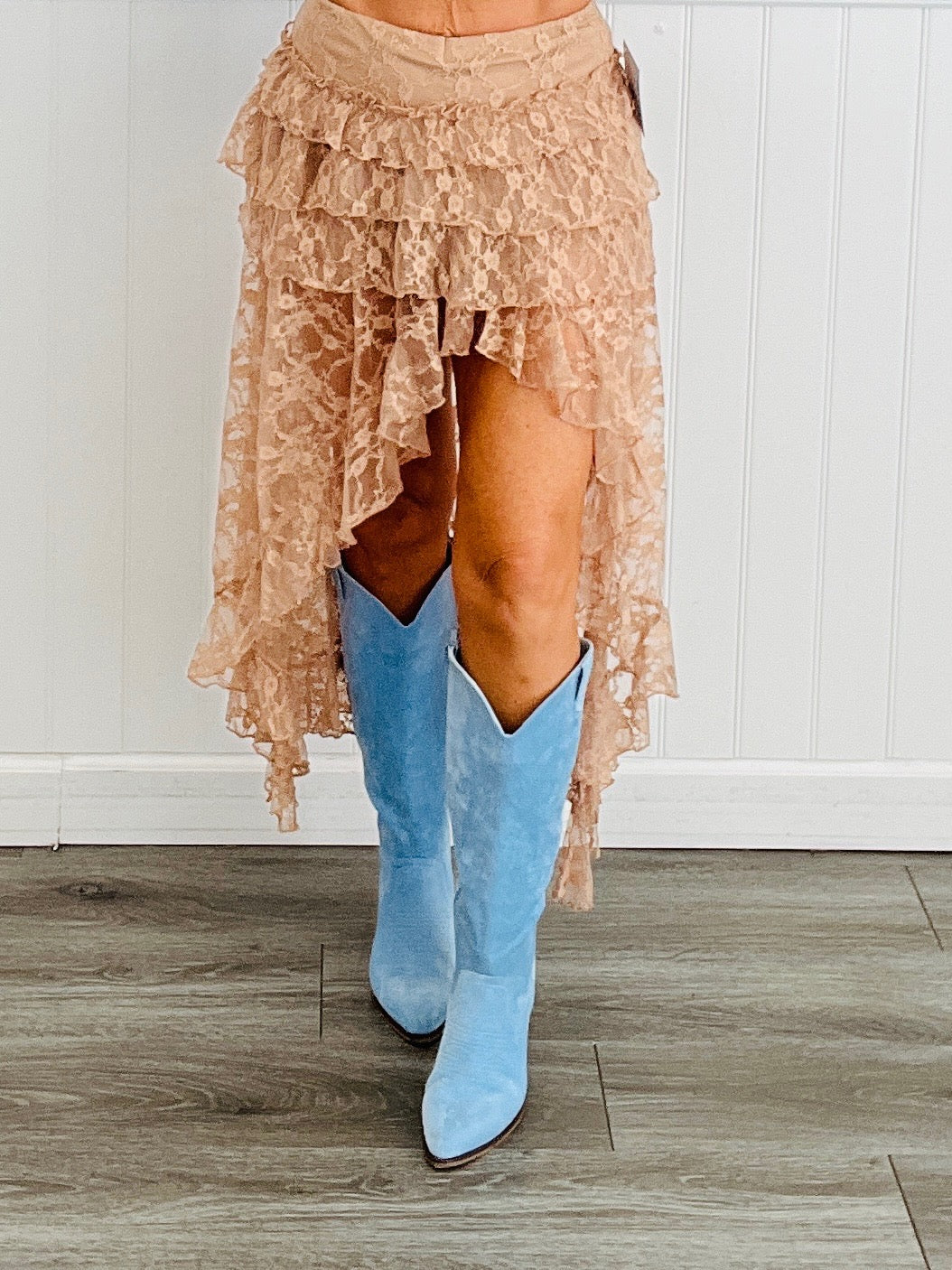 Taupe Sheer Lace Hi-Lo Maxi Skirt (Reg & Plus)