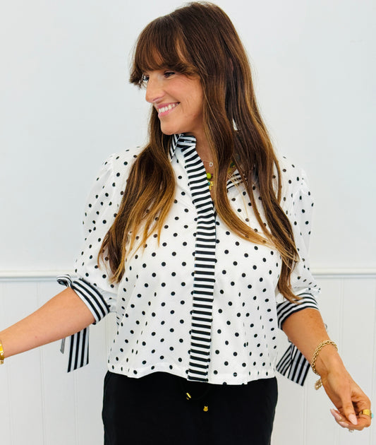 White Polka Dot/Stripes Cassidy Tie Sleeve Top (Reg. and Plus)
