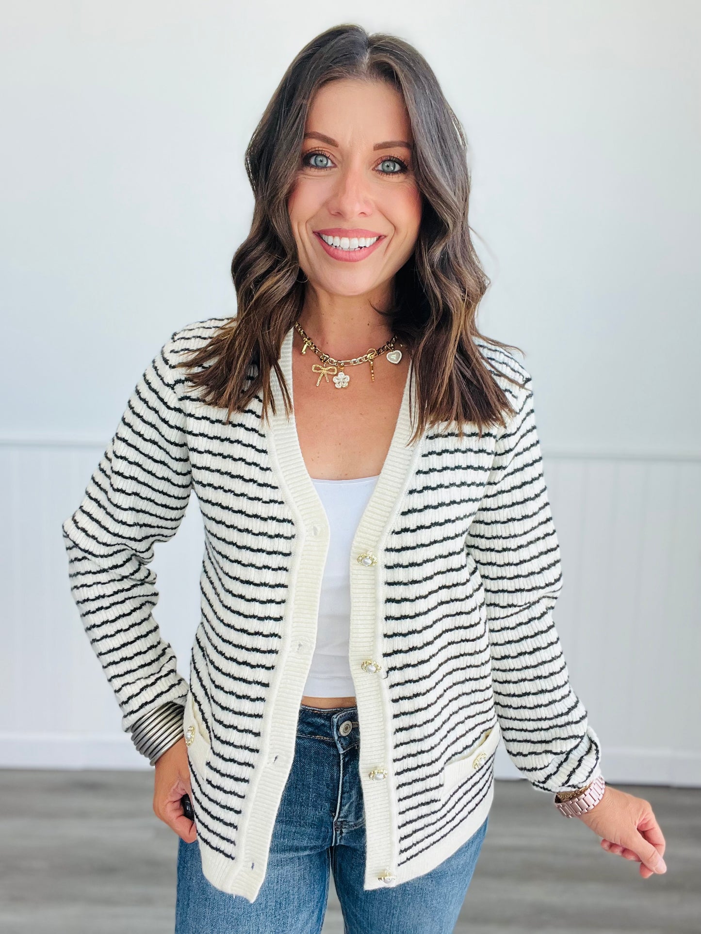 Striped V-Neck Sweater Cardigan (Reg)-3 Colors