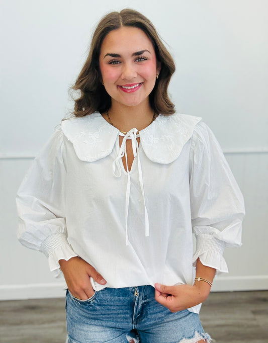 Off White Fold Over Shoulder Floral Embroidered Blouse (Reg.)