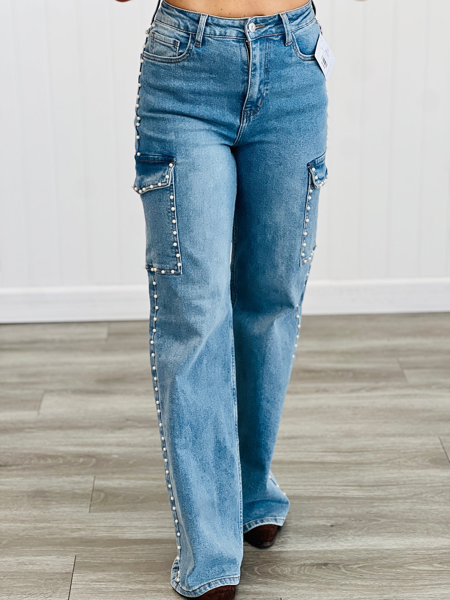 Medium Denim Pearl Studded Wide Leg Cargo Jeans (Reg.)
