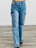 Medium Denim Pearl Studded Wide Leg Cargo Jeans (Reg.)