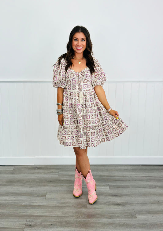Pink Multi Crochet Balloon Sleeve Tassel Mini Dress (Reg. and Plus)
