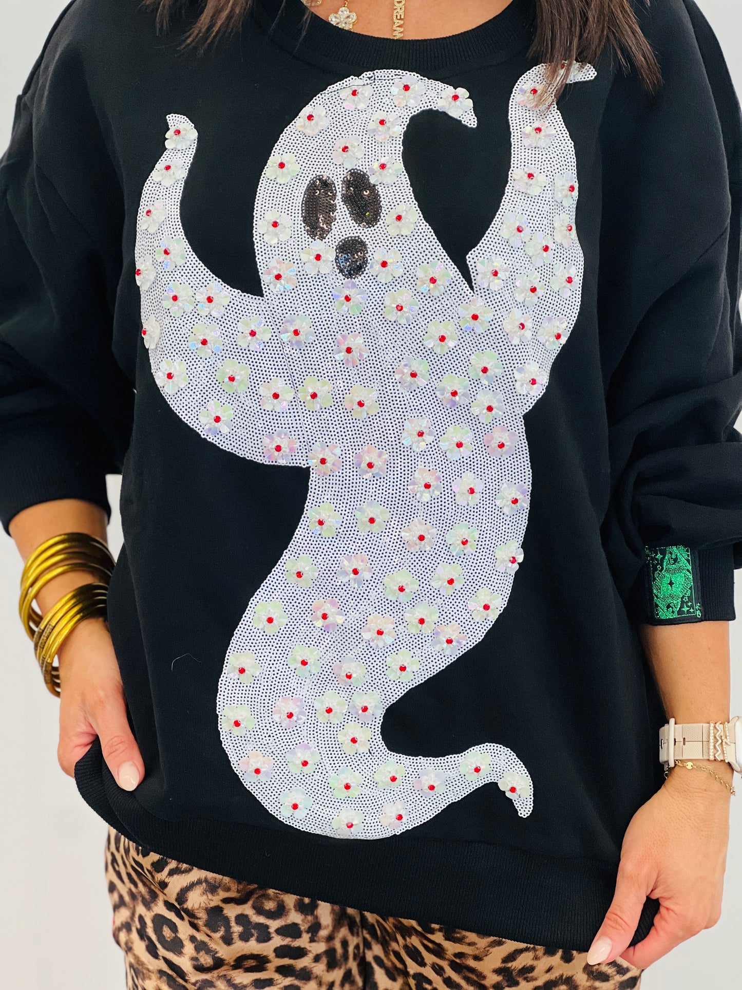 Queen Of Sparkles Black & White Floral Sequin Ghost Sweatshirt (Reg. and Plus)