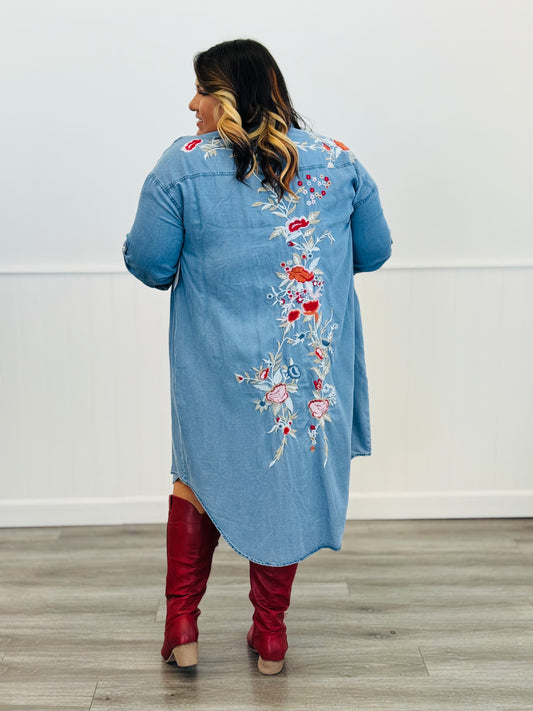 Denim Floral Embroidered Midi Dress (Reg.)