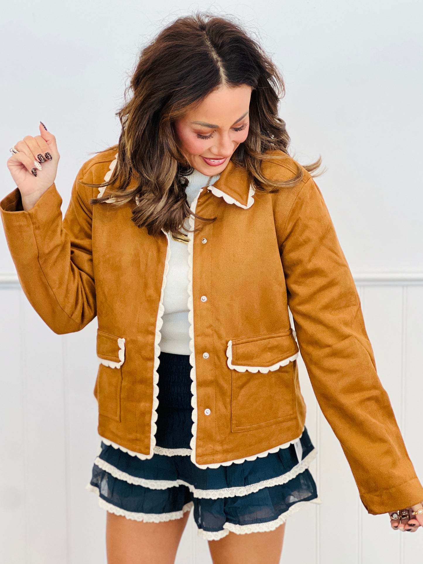 Cognac Scallop Trim Faux Suede Jacket (Reg.)
