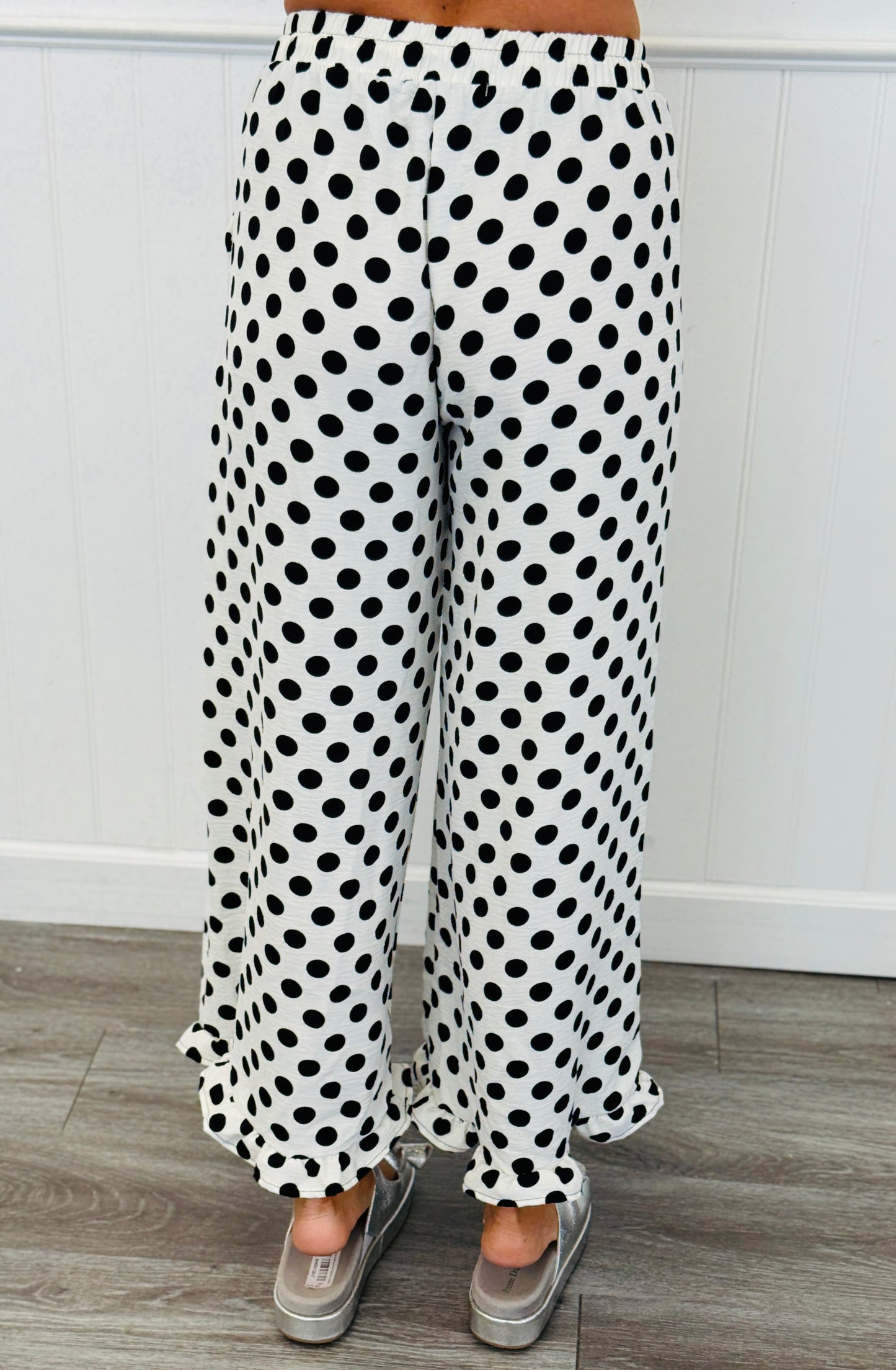 White/Black Polka Dot Ruffle Hem Pants (Reg. and Plus)