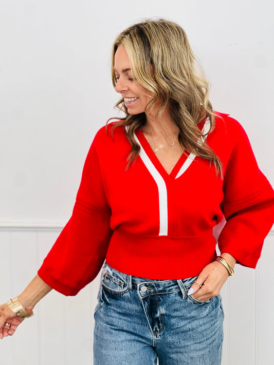 Red Relaxed Fit 3/4 Sleeves V Neck Top (Reg. and Plus)