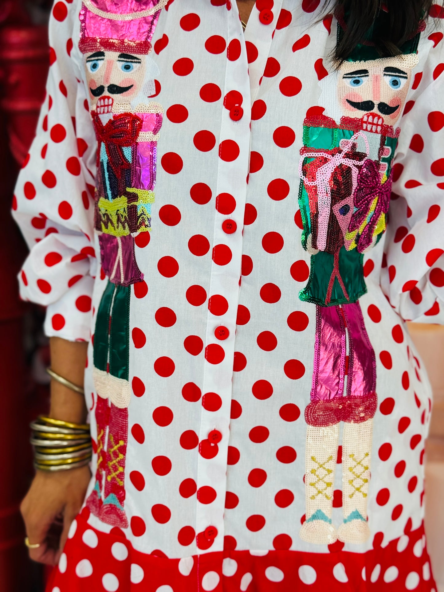 Queen Of Sparkles  Red & White Polka Dot Metallic Nutcracker Dress (Reg. and Plus)