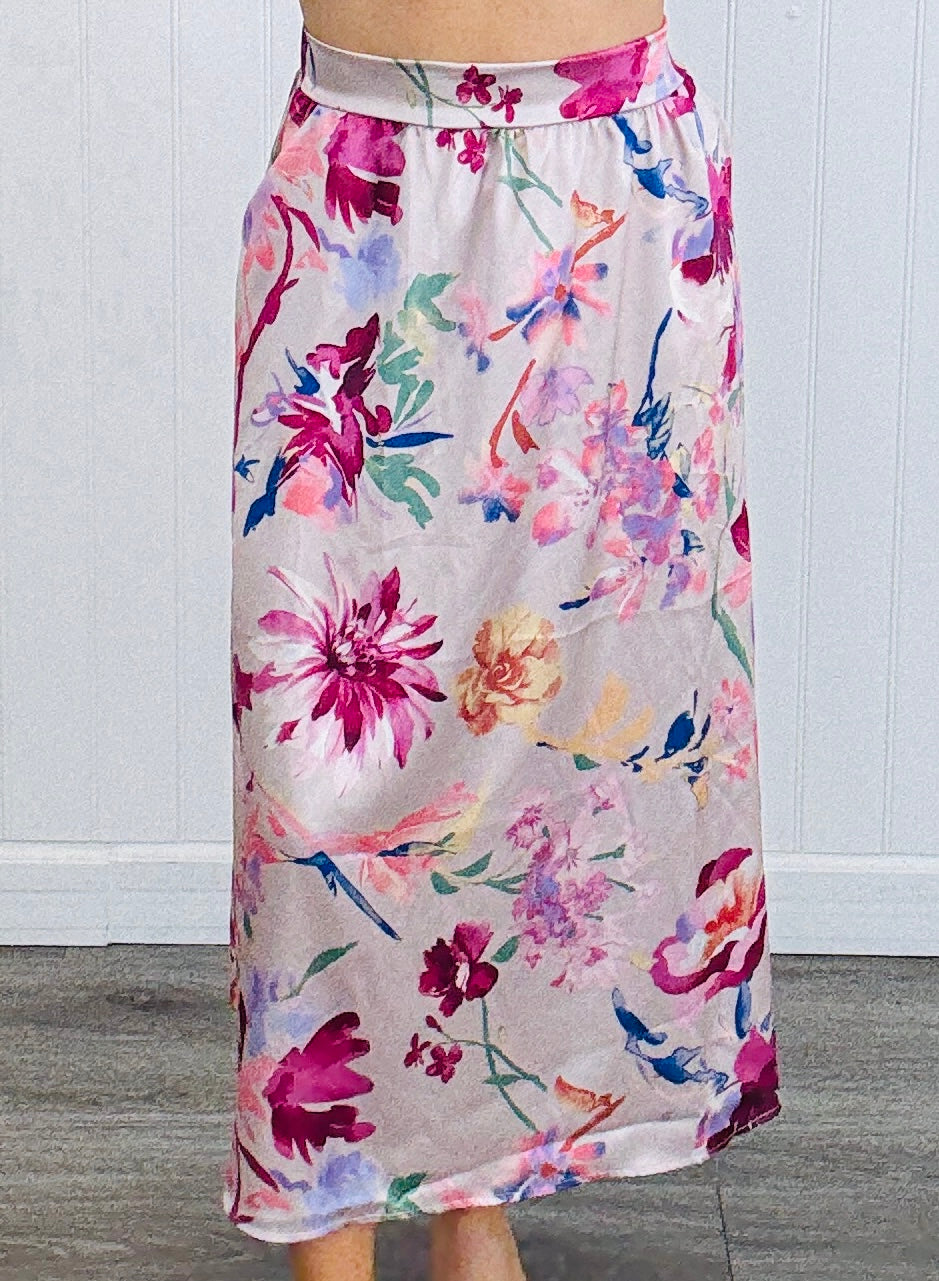 Champagne/Magenta Floral Satin Slip On Midi Skirt (Reg. and Plus)