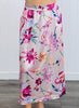 Champagne/Magenta Floral Satin Slip On Midi Skirt (Reg. and Plus)