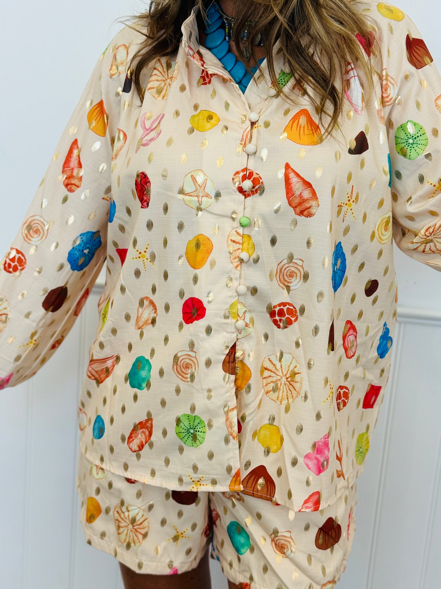 Gold Spotted Sea Print Button Up Top & Shorts Set (Reg. and Plus)